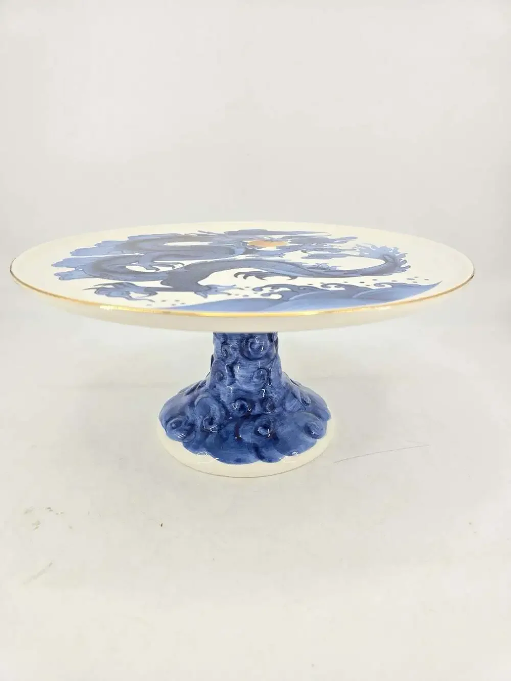 Blue and White Porcelain Dragon Motif Pedestal Cake Stand